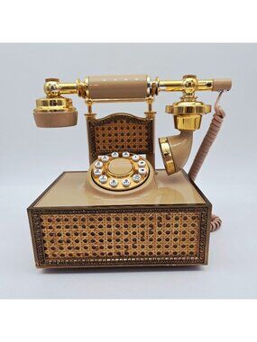 Vintage Wicker Ratan Cradle Telephone Tan Gold American Telecommunication 9"